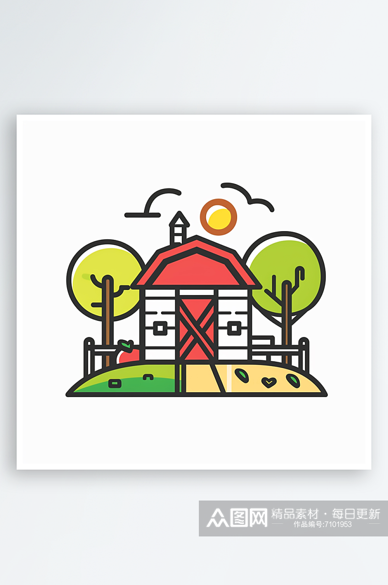 彩色极简线条线稿房子农场AI图素材