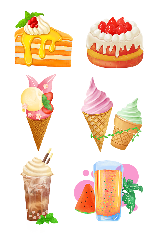 夏季饮品冰激凌果汁蛋糕清凉插画元素设计