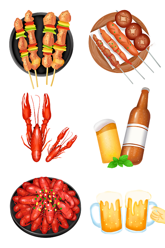夏季美食烧烤小龙虾啤酒食品插画元素设计