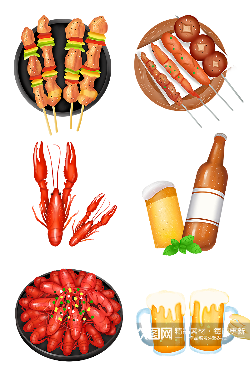 夏季美食烧烤小龙虾啤酒食品插画元素设计素材