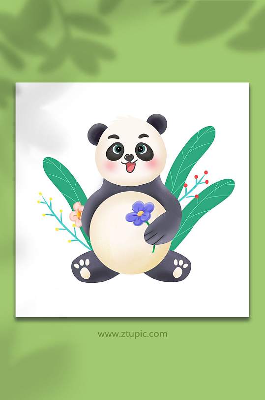 可爱熊猫卡通动物花草图案插画