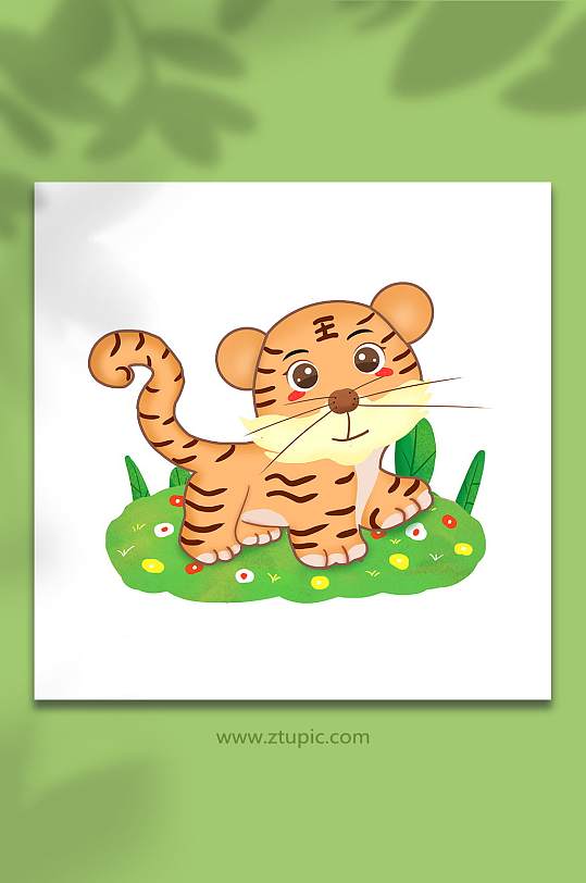 可爱老虎卡通动物花草图案插画
