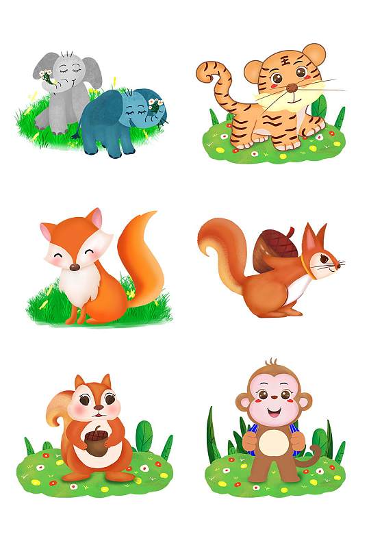 大象老虎狐狸猴子松鼠插画元素设计