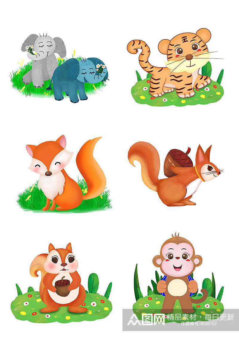 大象老虎狐狸猴子松鼠插画元素设计素材