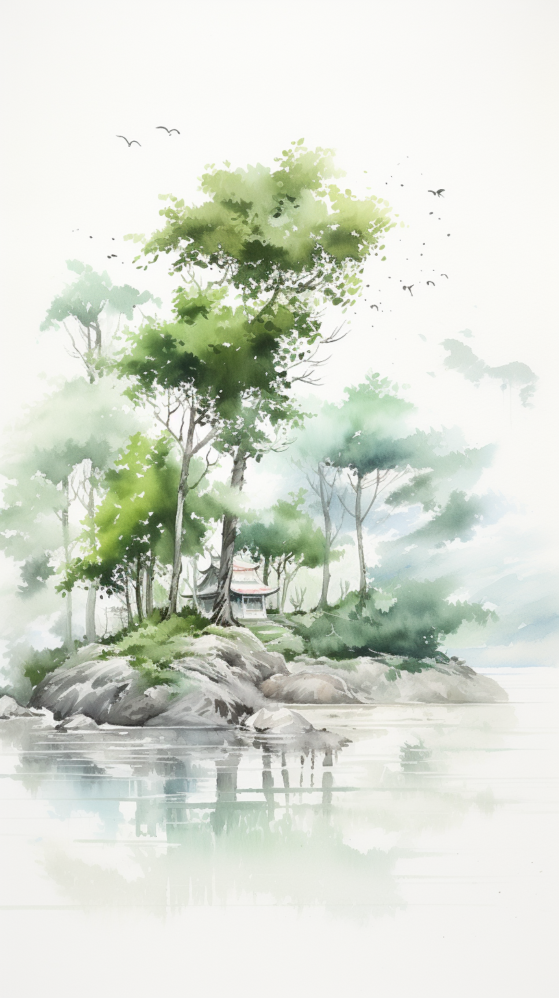 江南水乡水墨画彩色简约场景素材