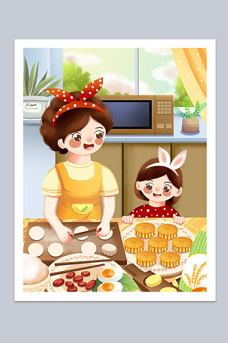 中秋佳节妈妈与孩子一起做月饼插画