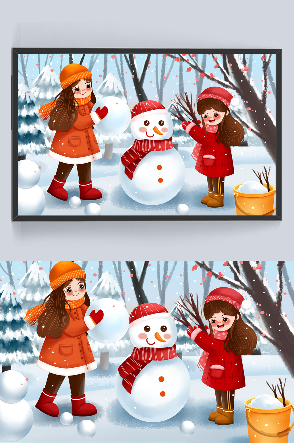 寒假春节可爱女生堆雪人插画