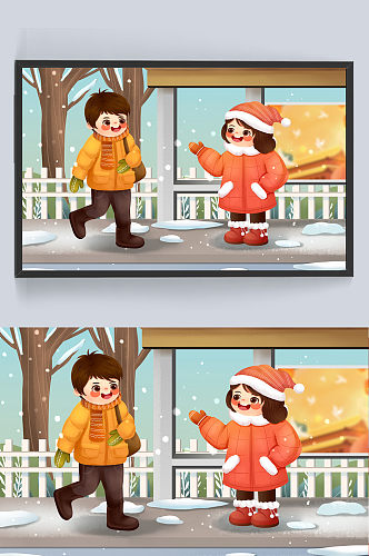 冬天冬季下雪女生男生等公车插画