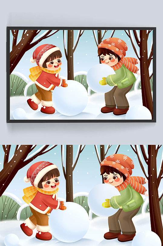 冬天下雪滚雪球堆雪人 冬季运动插画