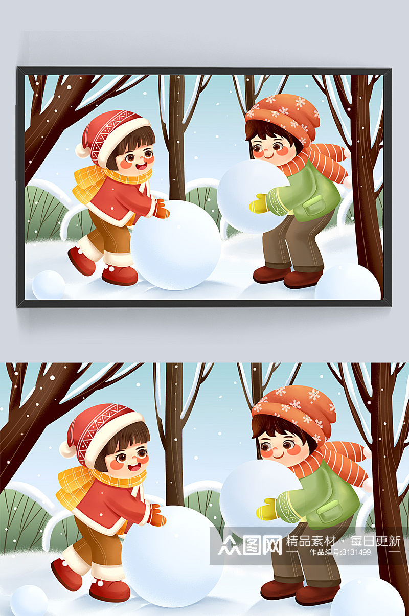冬天下雪滚雪球堆雪人 冬季运动插画素材