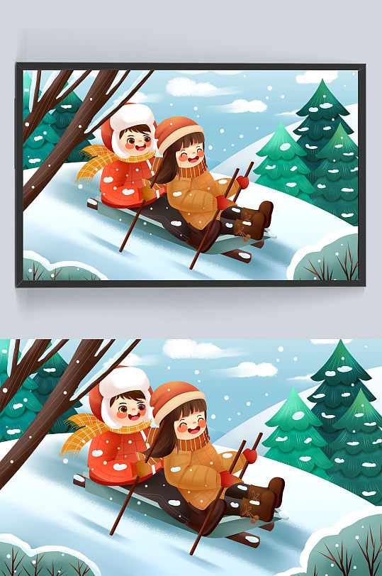 小清新雪天快乐滑雪 冬季运动插画