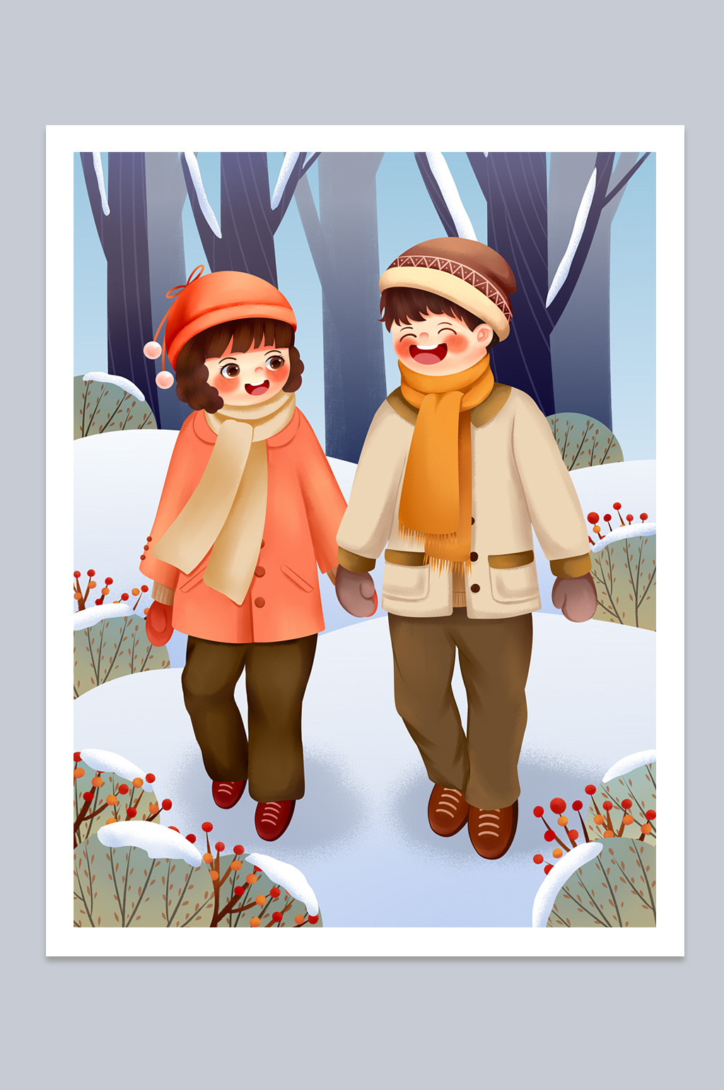 冬季小情侣雪地散步插画素材