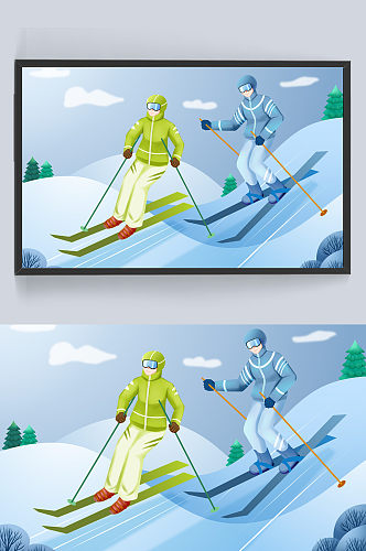 冬奥会小清新浅蓝雪山滑雪运动冬季插画