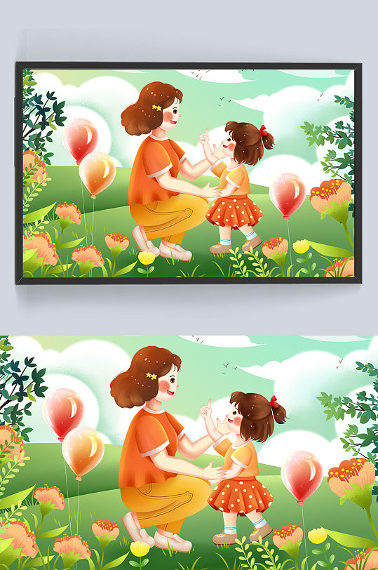 温馨治愈母亲节花丛母亲与女儿插画