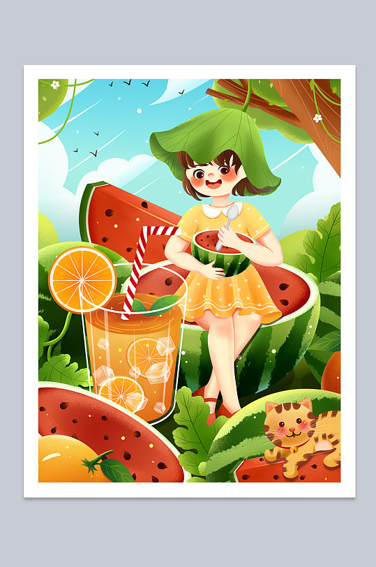 唯美西瓜橙汁夏季水果美食人物插画