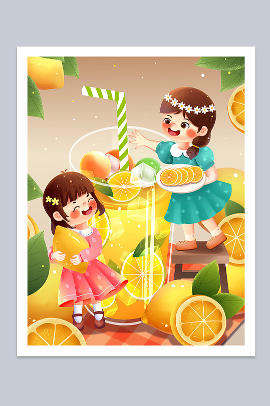 唯美柠檬冰镇饮品夏季水果美食人物插画