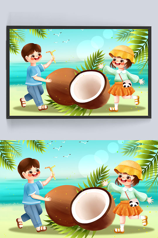 夏季海滩男生女生美味椰子夏季水果插画