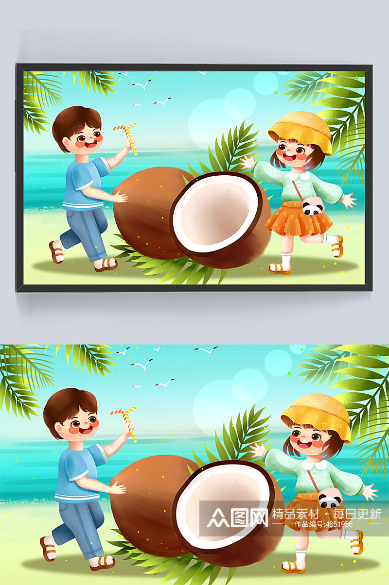夏季海滩男生女生美味椰子夏季水果插画素材
