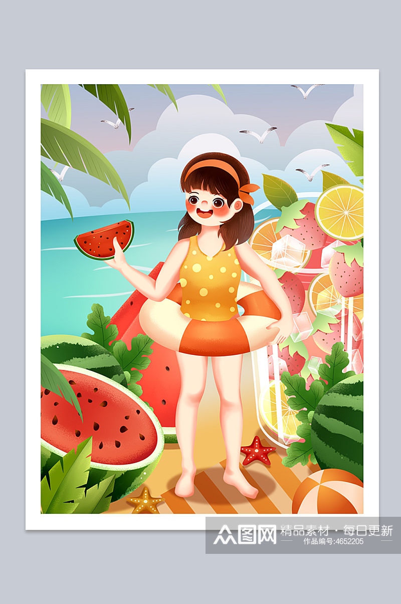 夏季海滩西瓜泳装冰沙水果美食人物插画素材