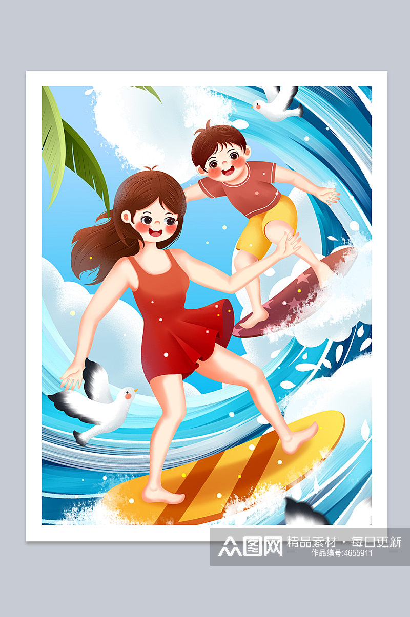 小清新海上冲浪夏季运动人物插画素材