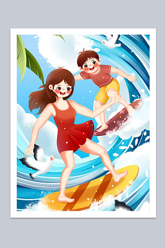 小清新海上冲浪夏季运动人物插画