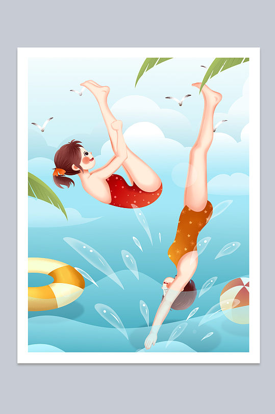 暑假练习跳水夏季运动人物插画