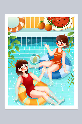 小清新暑假学游泳夏季运动人物插画