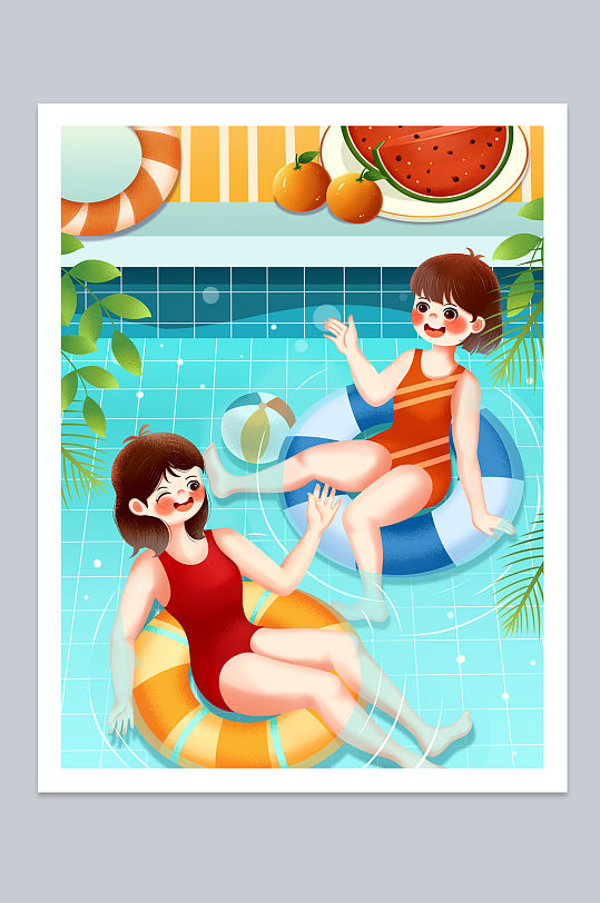 小清新暑假学游泳夏季运动人物插画