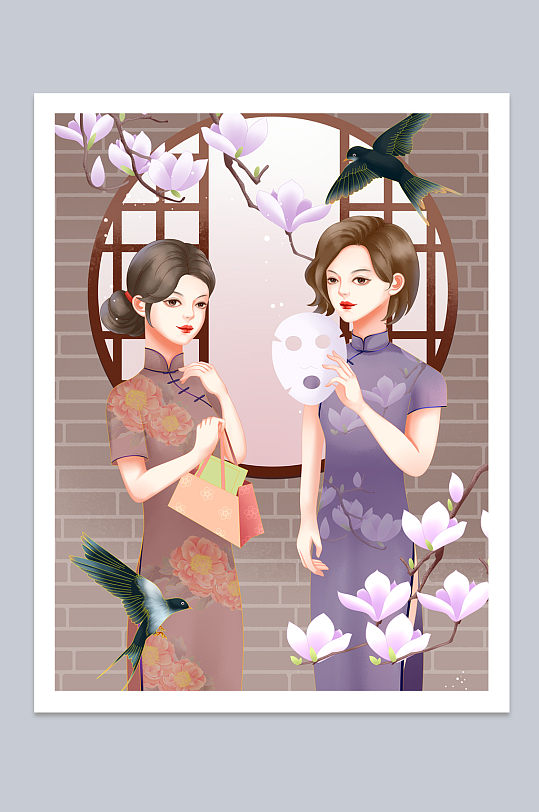 民国风旗袍女性购物时尚国潮人物插画