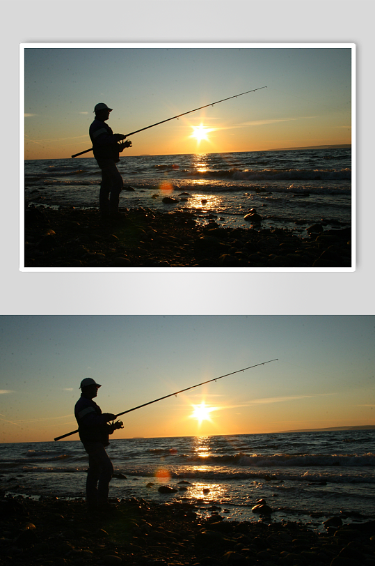 海滩日出日落钓鱼剪影摄影
