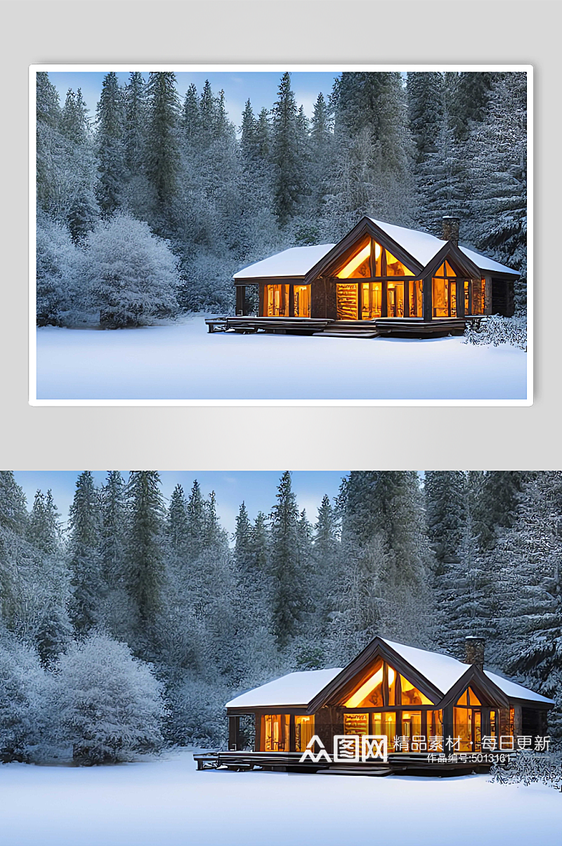冬季唯美森林小屋背景素材