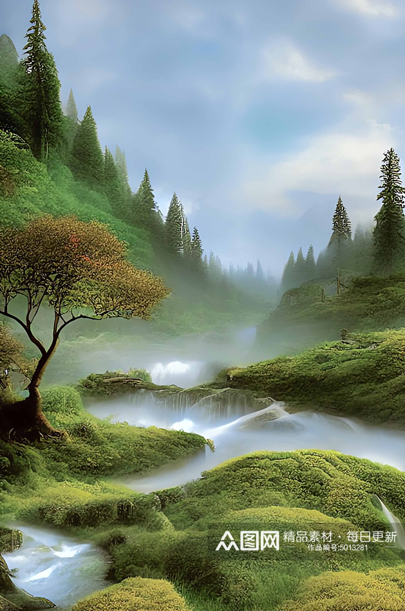 唯美绿色森林江河图片素材