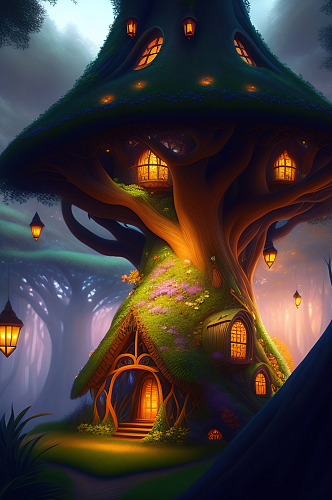 梦幻森林蘑菇房子背景图片