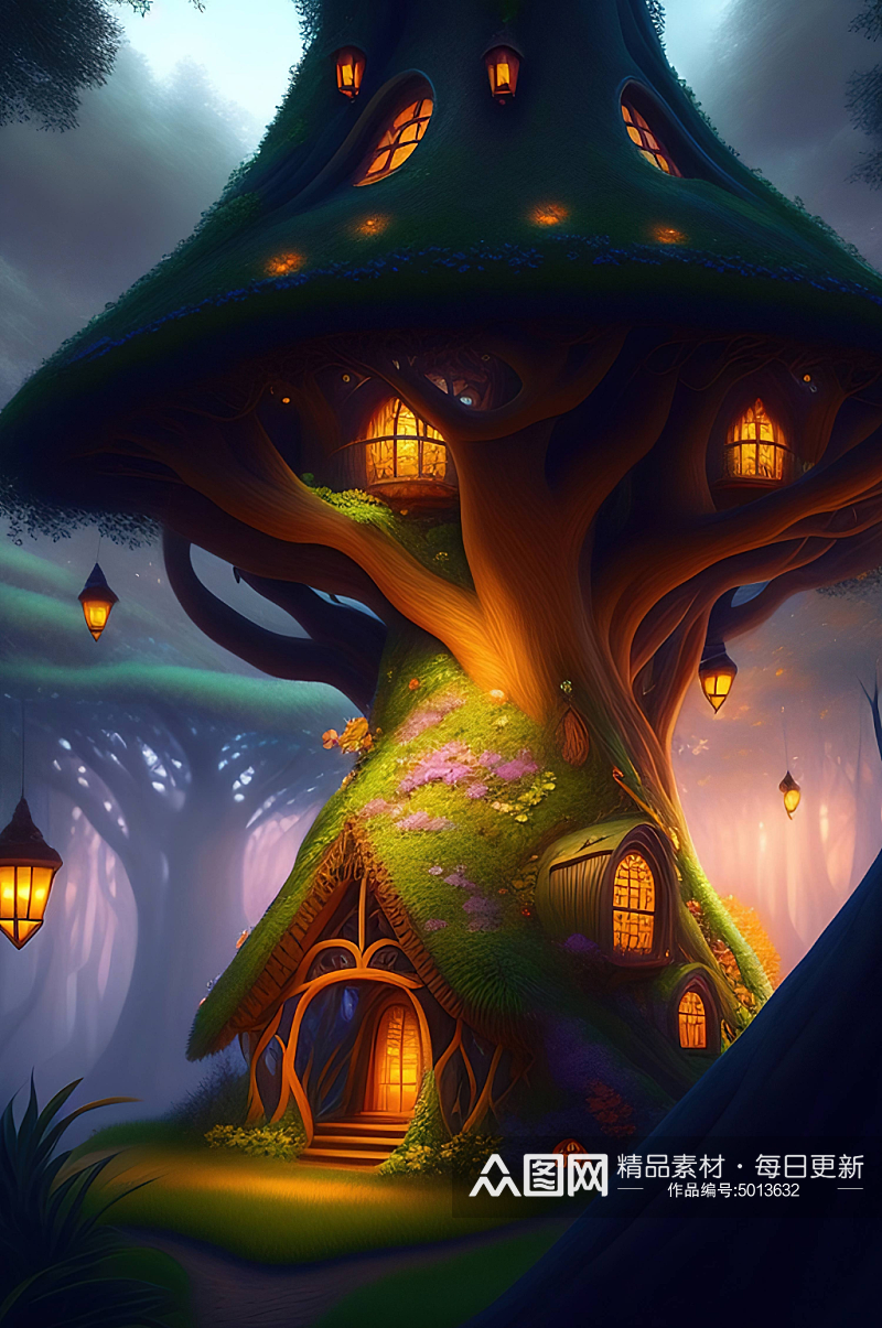 梦幻森林蘑菇房子背景图片素材