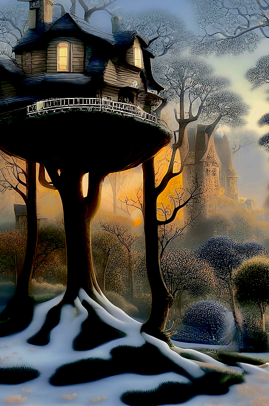 梦幻森林冬季树屋背景图片
