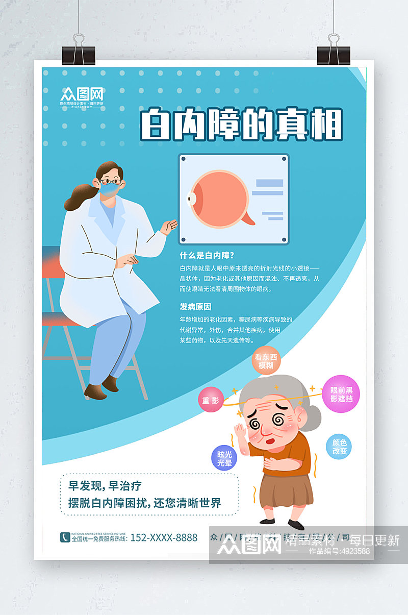 简约卡通治疗白内障老年人眼科医疗健康海报素材