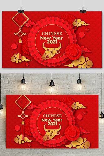 红色喜气牛年春节展板背景元素设计