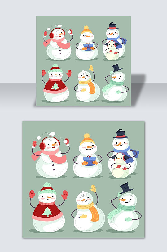 可爱手绘圣诞节雪人漫画矢量插画素材元素