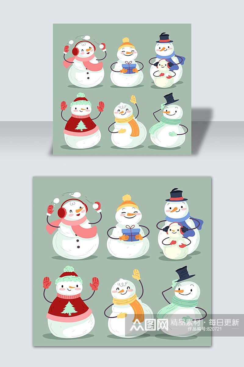 可爱手绘圣诞节雪人漫画矢量插画素材元素素材