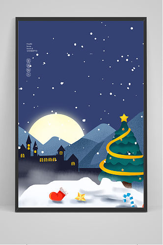 蓝色雪景创意卡通风圣诞节海报背景