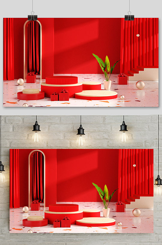 红色电商场景元素设计促销模型背景-众图网