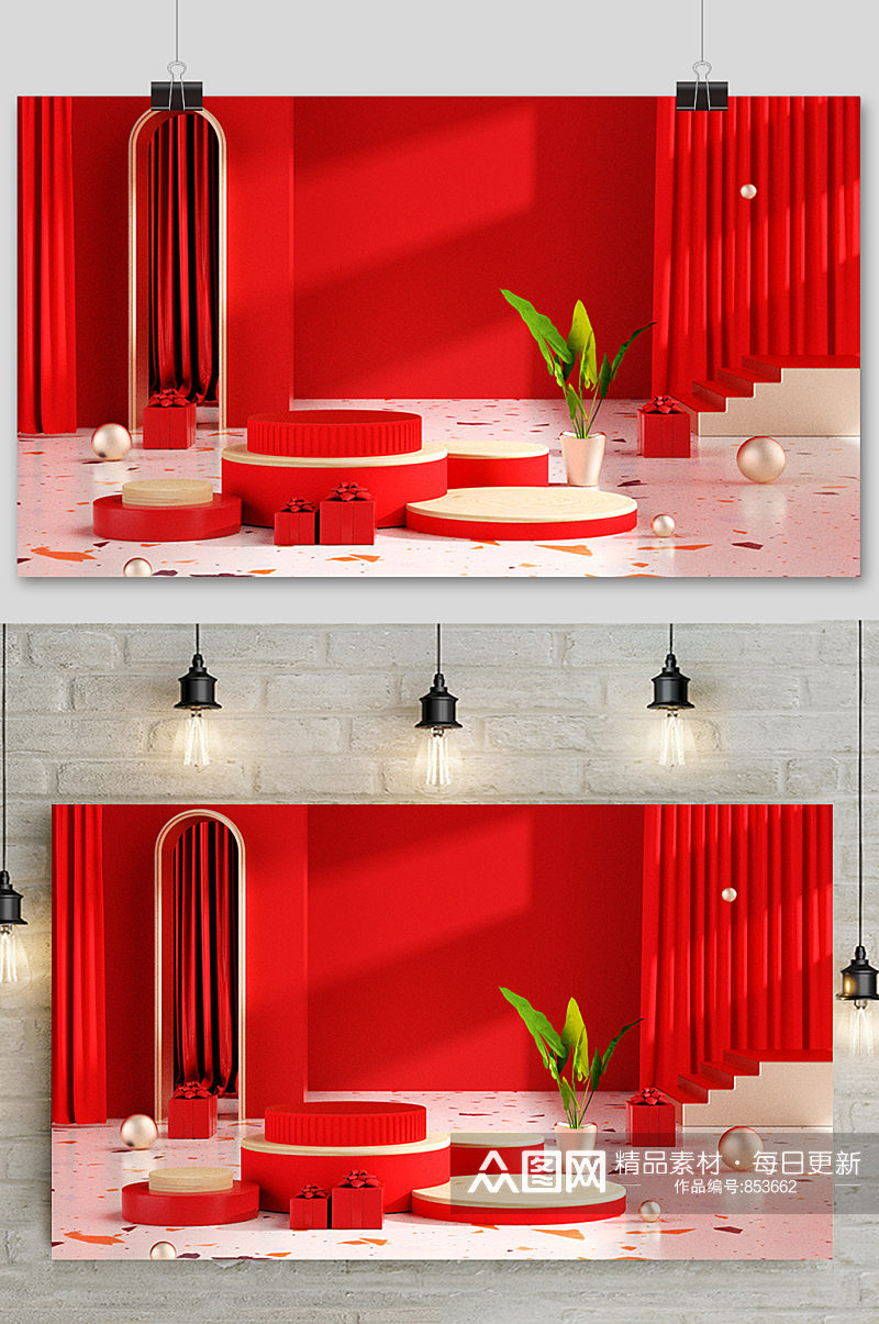 红色电商场景元素设计促销模型背景素材