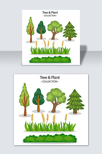 手绘卡通植物青草绿树元素素材