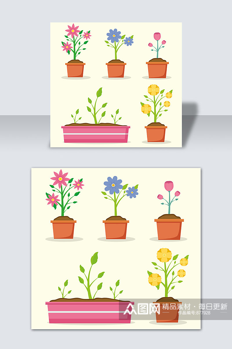 手绘可爱简约卡通花卉盆栽元素素材素材