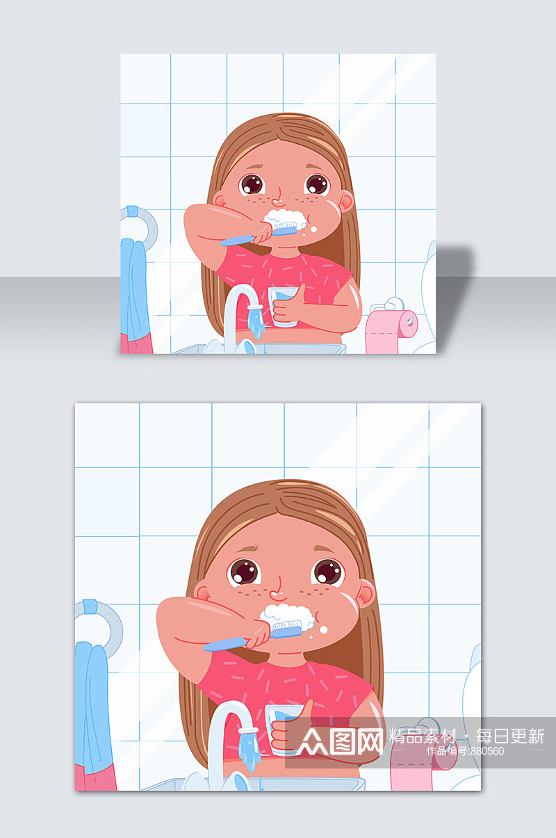 手绘卡通人物刷牙齿牙科矢量元素素材