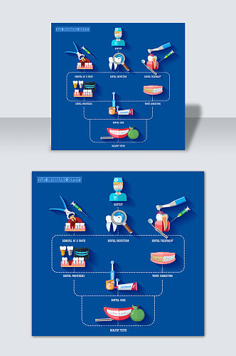 手绘矢量卡通牙齿治疗流程体系元素