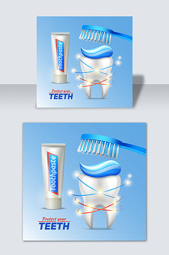 蓝色手绘矢量卡通牙齿牙膏元素