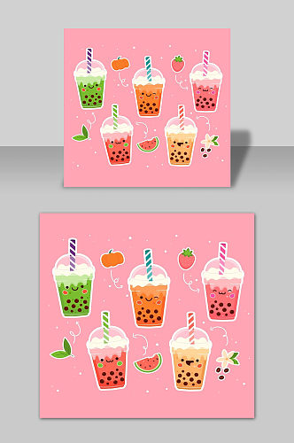 卡通粉色手绘奶茶饮料矢量元素 奶茶元素
