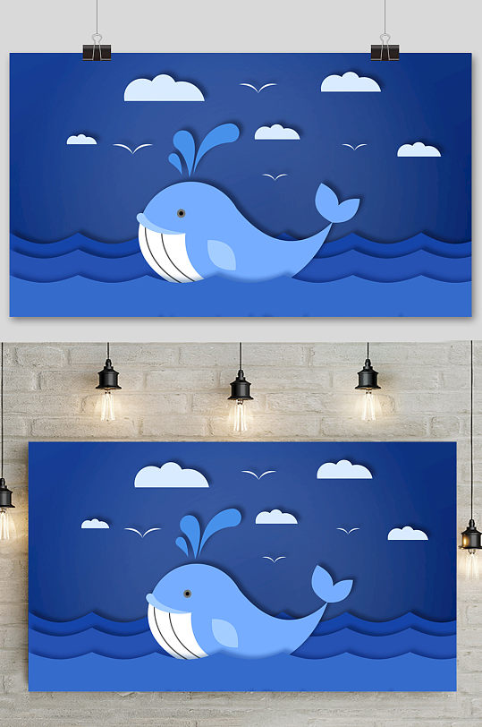 手绘卡通大海海洋鲸鱼矢量背景