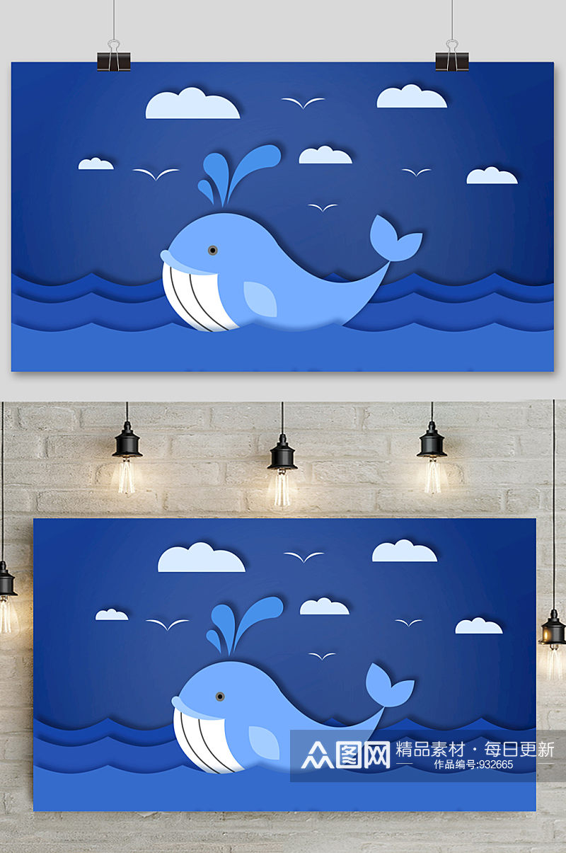 手绘卡通大海海洋鲸鱼矢量背景素材